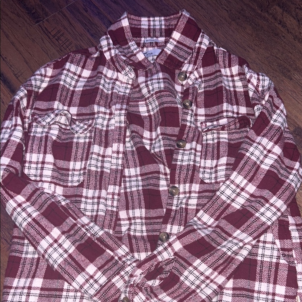 Plaid Button-Up Shirt - women boyfriend fit Maroon and White